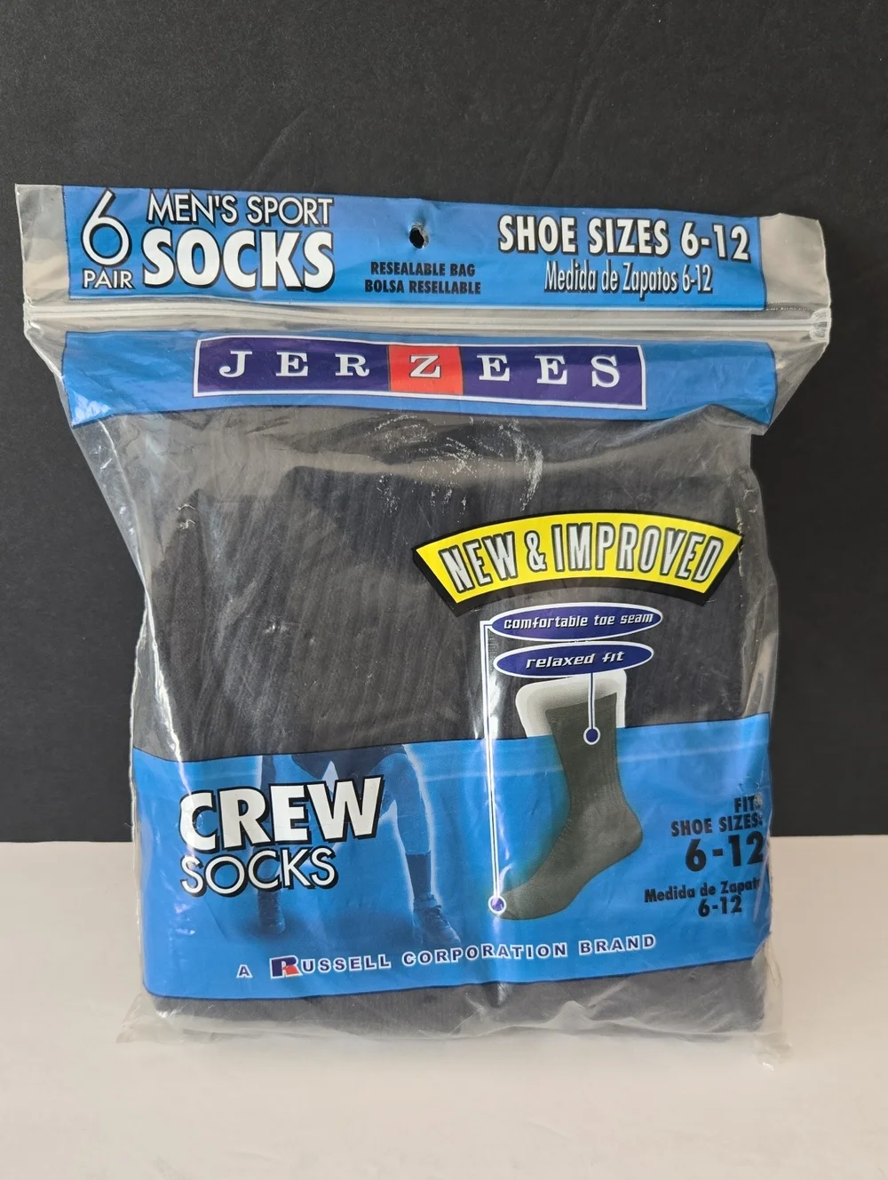 Jerzees for Russel Athletic Men's Black Crew Socks 6 Pairs NEW